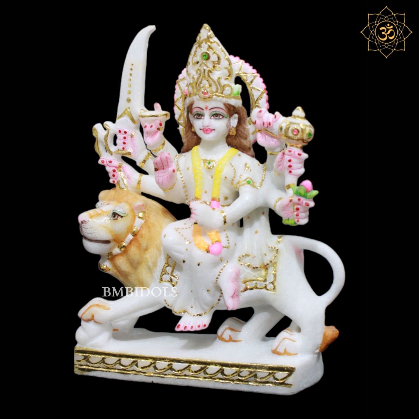 Durga Marble Murti sitting on the lion Eight Hands in 9inches