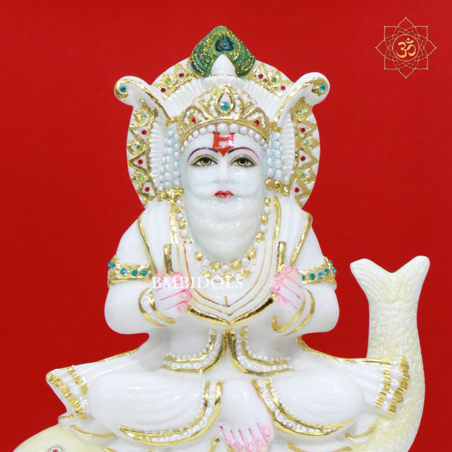 White Marble Jhulelal Murti made in Makrana Marble in 12inches for Home and Temple