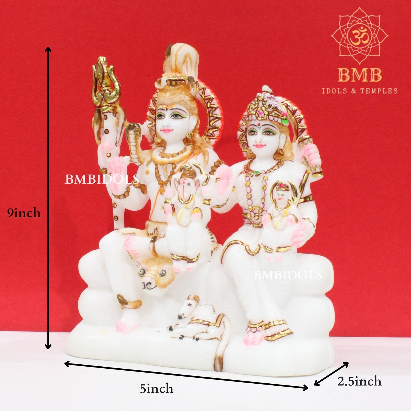 Marble Shiv Parivar Murti made in Makrana Pure white natural Marble in 9inch