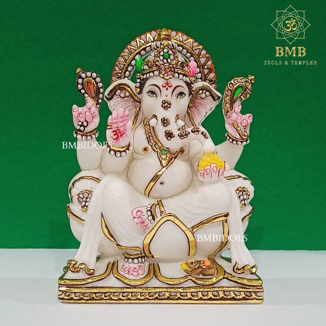Marble Ganesh Idol made in Makrana Marble in 9inches for Home and Temp