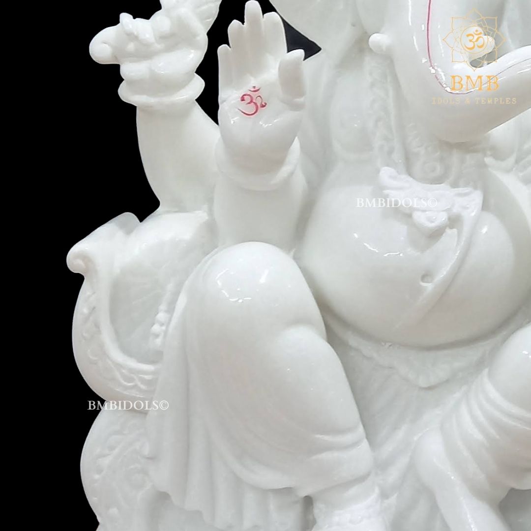 White Makrana Marble Ganesh Statue made Sitting on chowki in 18inches