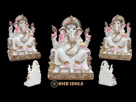 Marble Ganesh Murti sitting on the Chowki in 12inches in white Marble