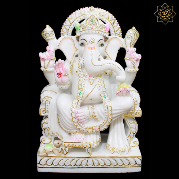 White Marble Ganpati Murti in 15inches with Full Goldwork BMBIDOLS