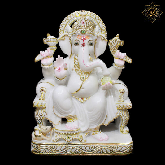 Chowki Marble Ganesh Murti made in pure white Marble for Homes and Temples