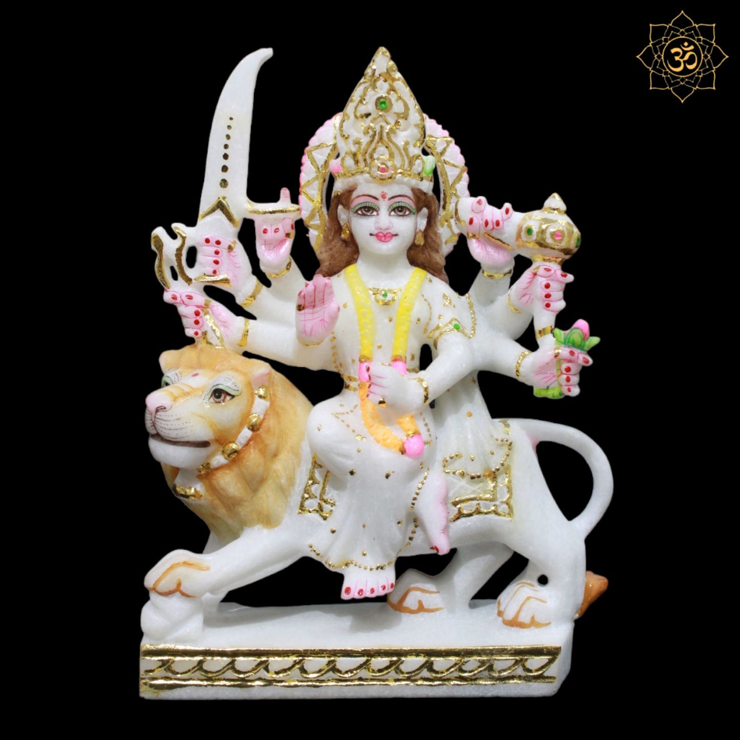 Durga Marble Murti sitting on the lion Eight Hands in 9inches