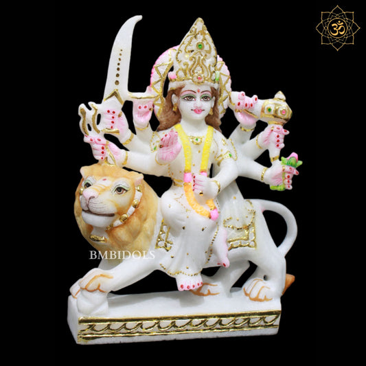 Durga Marble Murti sitting on the lion Eight Hands in 9inches