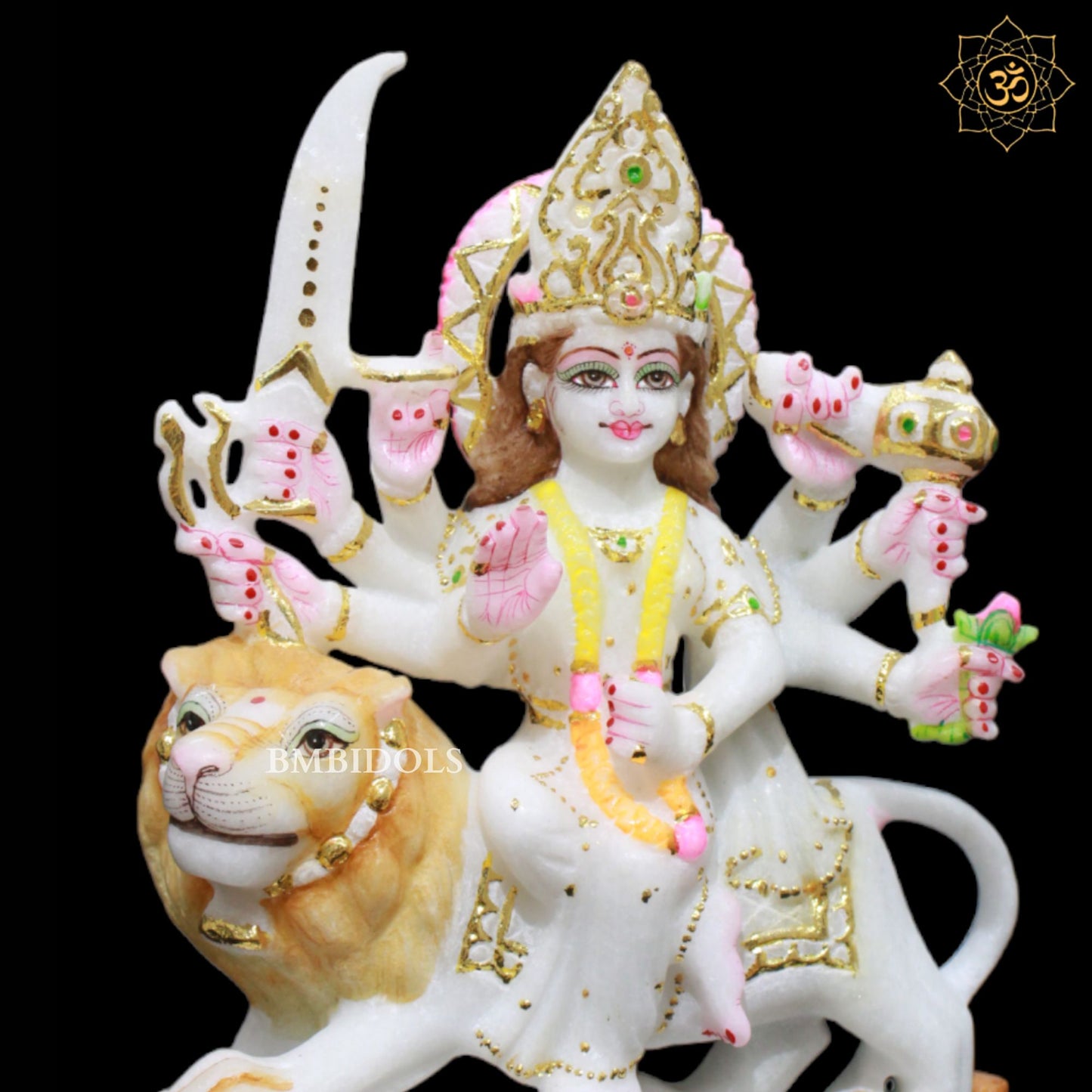 Durga Marble Murti sitting on the lion Eight Hands in 9inches