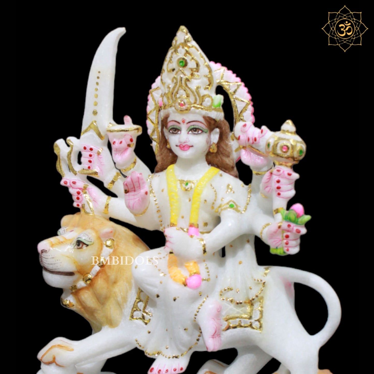 Durga Marble Murti sitting on the lion Eight Hands in 9inches