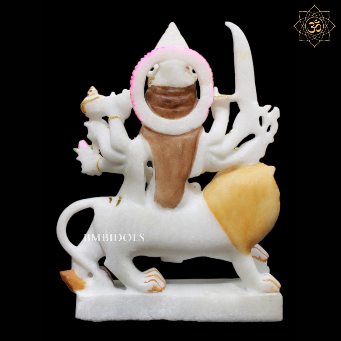 Durga Marble Murti sitting on the lion Eight Hands in 9inches