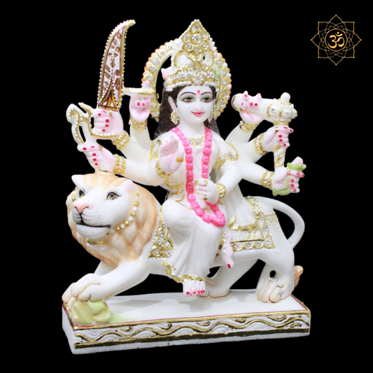 White Marble Durga Idol with Diamond work in 12inch