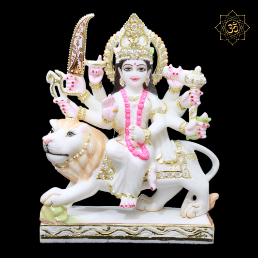White Marble Durga Idol with Diamond work in 12inch