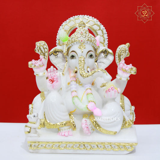 Gold Work Marble Stone Ganesh Statue made in pure white in 12inch