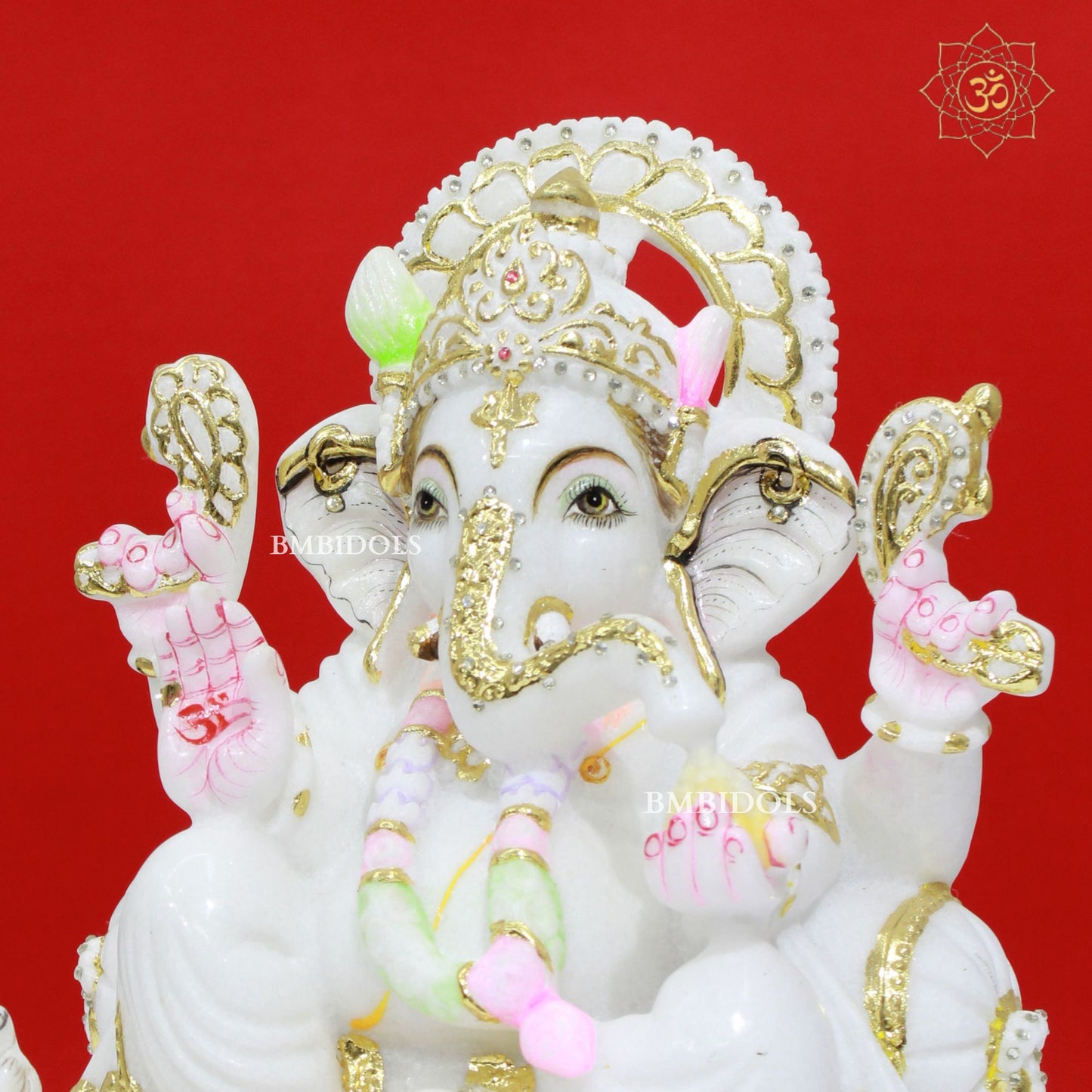 Gold Work Marble Stone Ganesh Statue made in pure white in 12inch