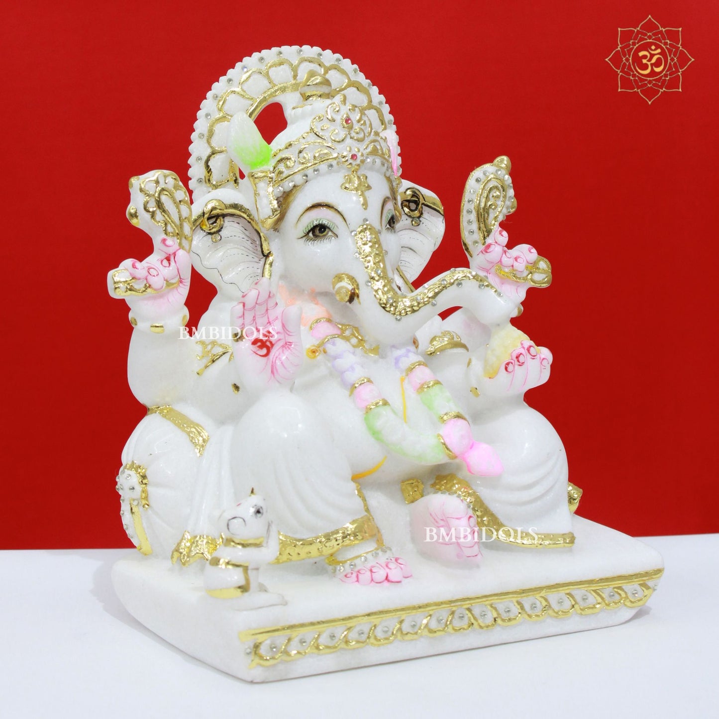 Gold Work Marble Stone Ganesh Statue made in pure white in 12inch