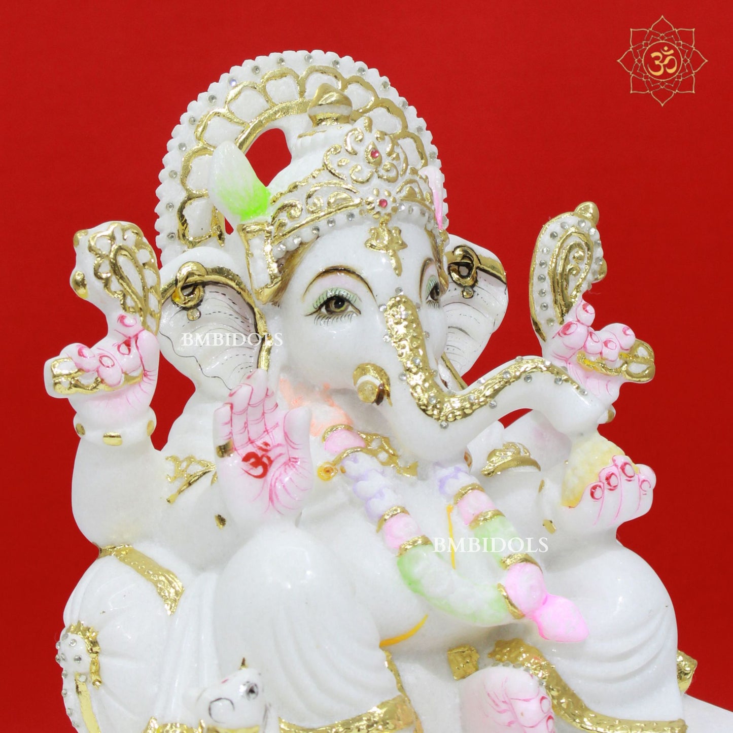 Gold Work Marble Stone Ganesh Statue made in pure white in 12inch