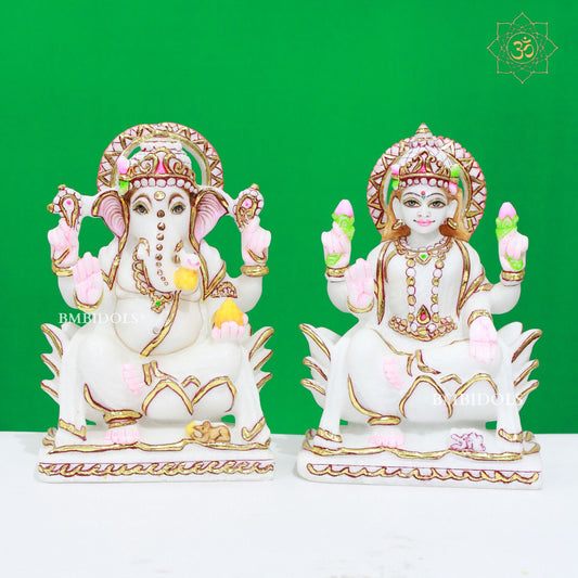 White Marble Ganesh Lakshmi Statue in Makrana Marble in 9inches