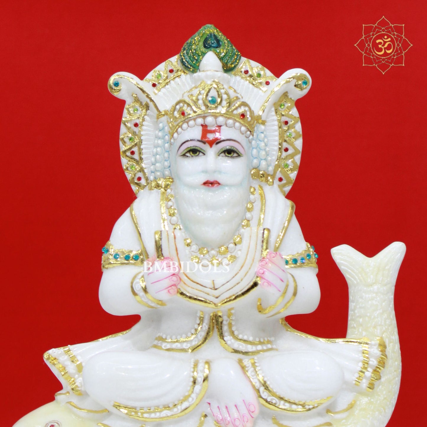 White Marble Jhulelal Murti made in Makrana Marble in 12inches for Home and Temple