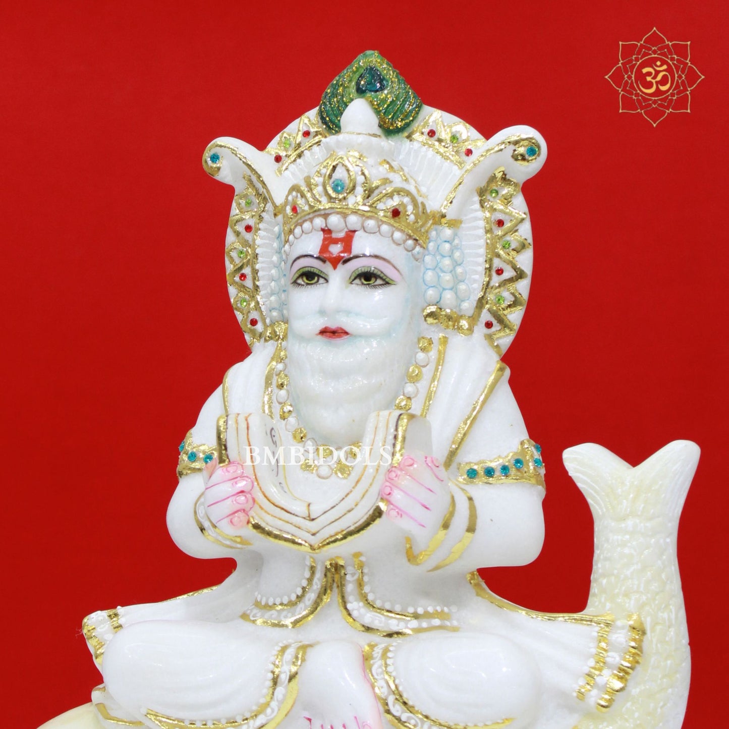 White Marble Jhulelal Murti made in Makrana Marble in 12inches for Home and Temple