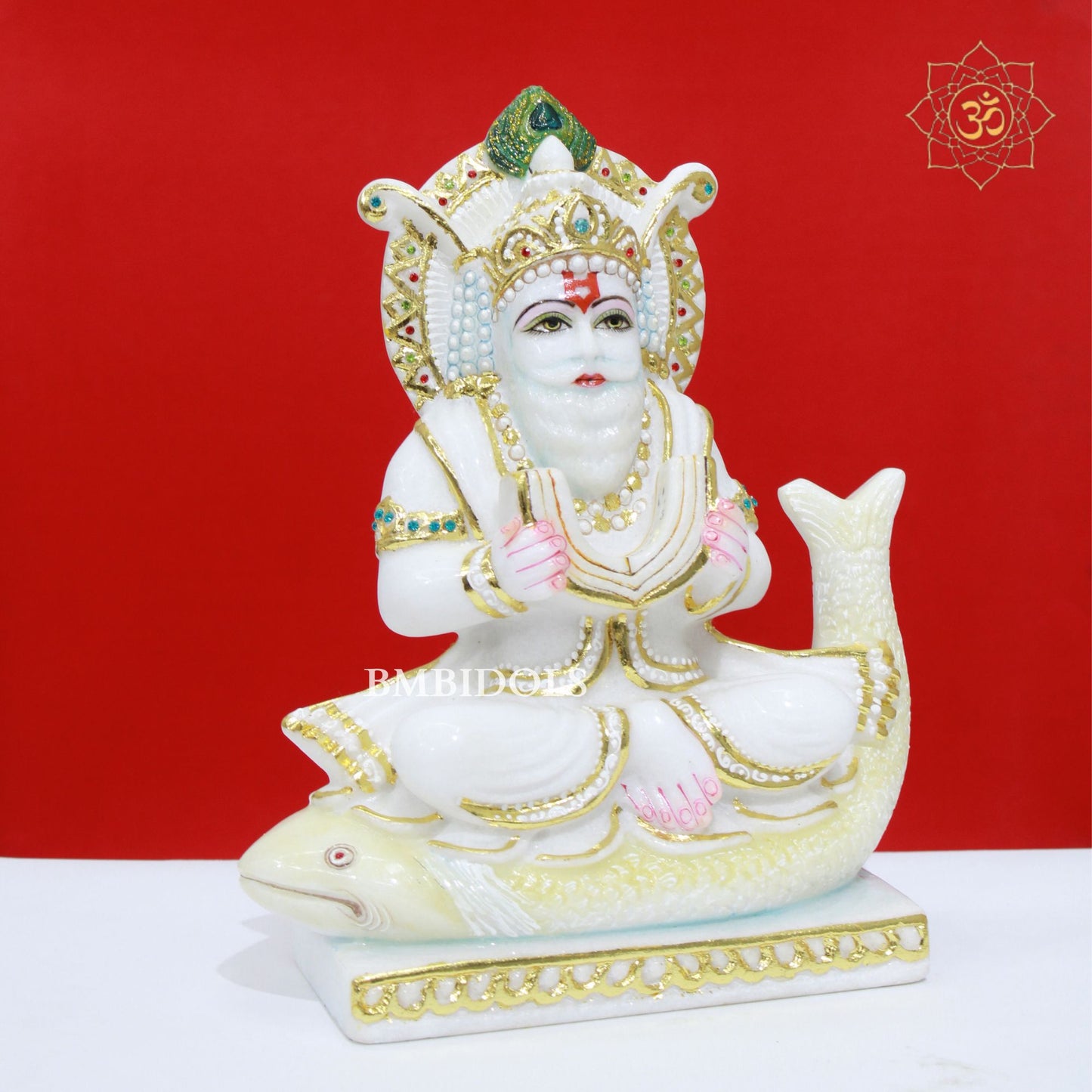White Marble Jhulelal Murti made in Makrana Marble in 12inches for Home and Temple