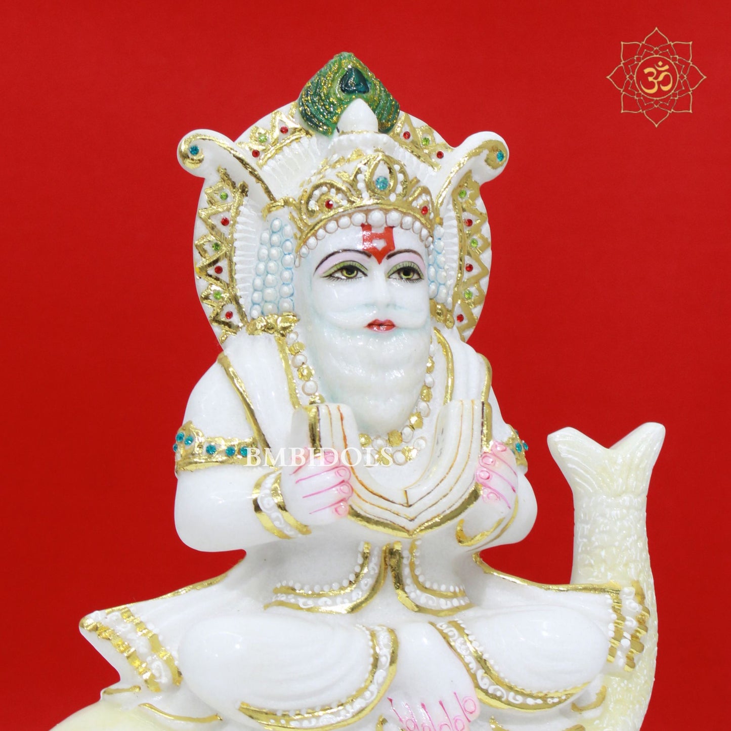 White Marble Jhulelal Murti made in Makrana Marble in 12inches for Home and Temple