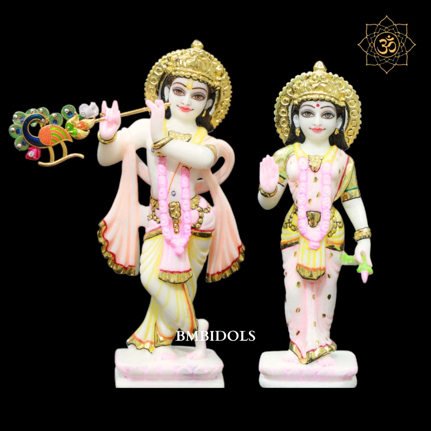 Radha Krishna Marble Murti in 9inch in Full Gold work for Homes and Temples