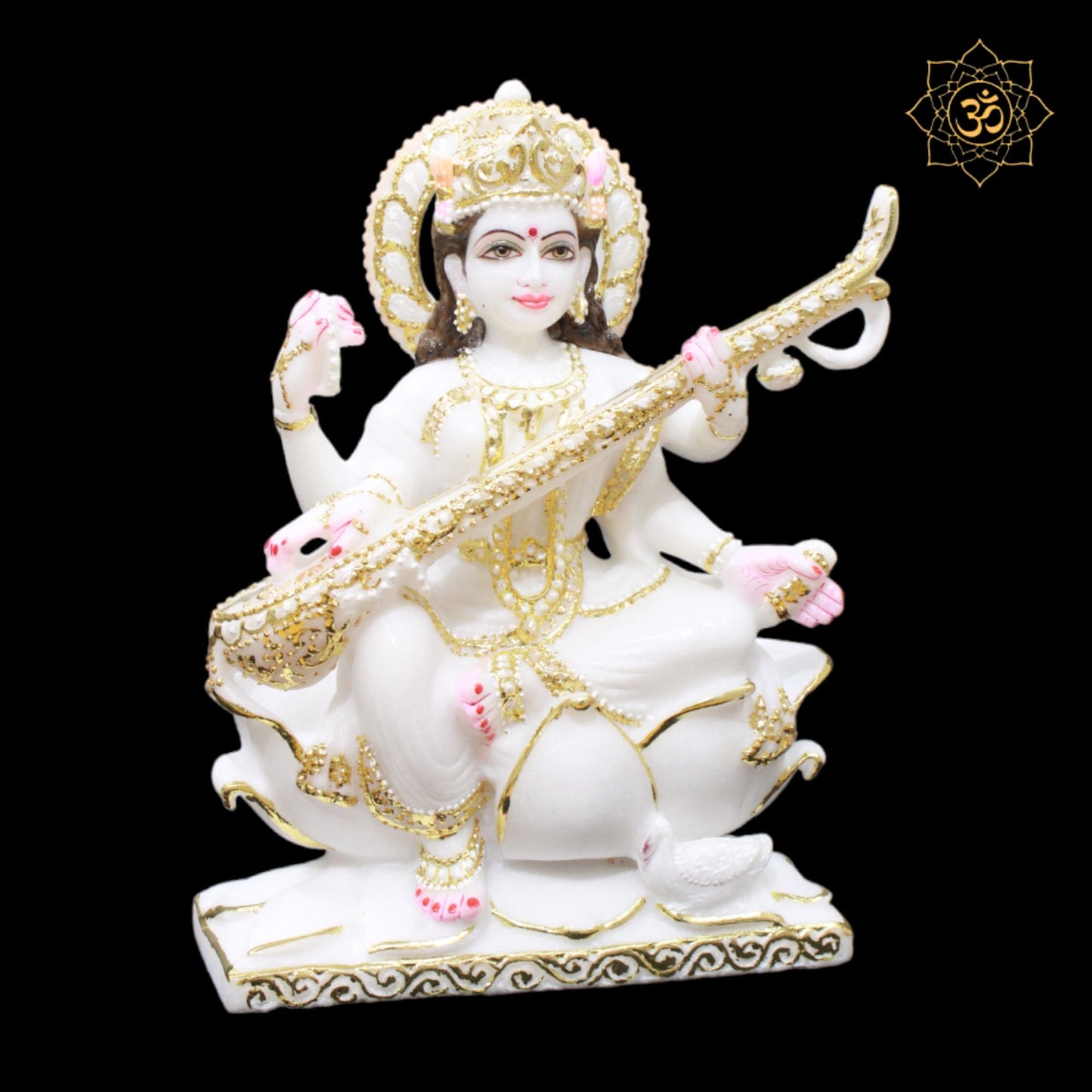 White Marble Saraswati Murti on Lotus in 1feet