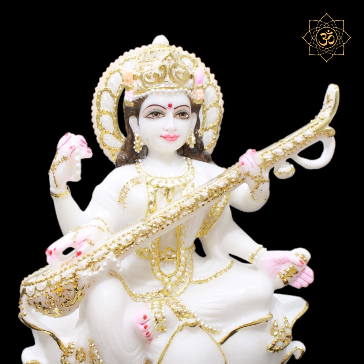 White Marble Saraswati Murti on Lotus in 1feet