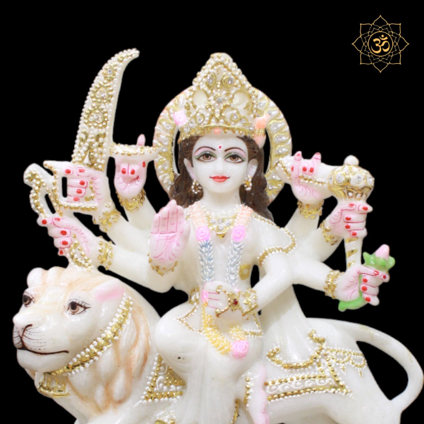 Durga Marble Murti in 12inches sitting on Lion with Diamond Work