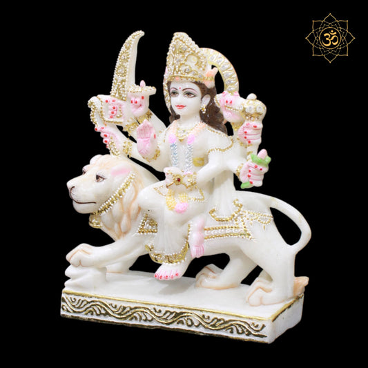 Durga Marble Murti in 12inches sitting on Lion with Diamond Work