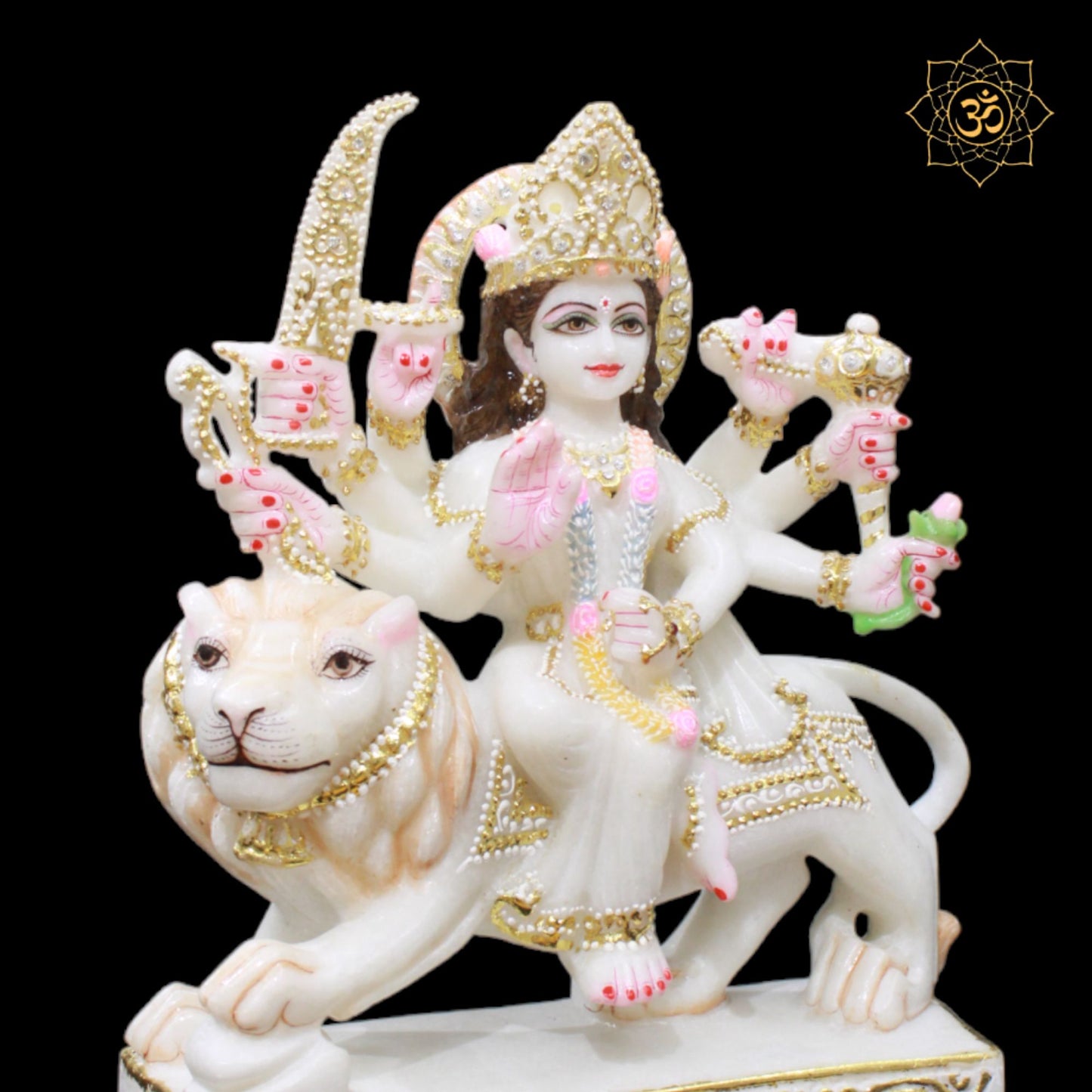 Durga Marble Murti in 12inches sitting on Lion with Diamond Work