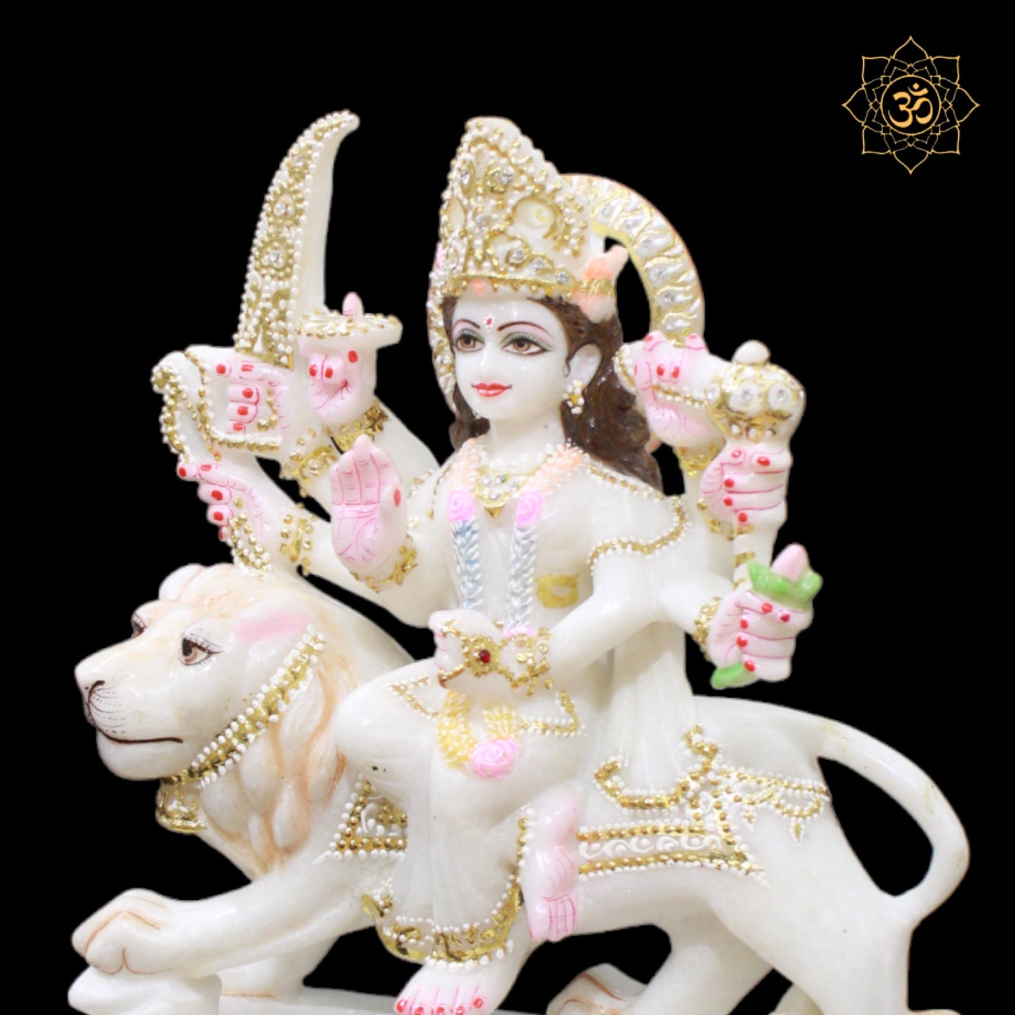 Durga Marble Murti in 12inches sitting on Lion with Diamond Work