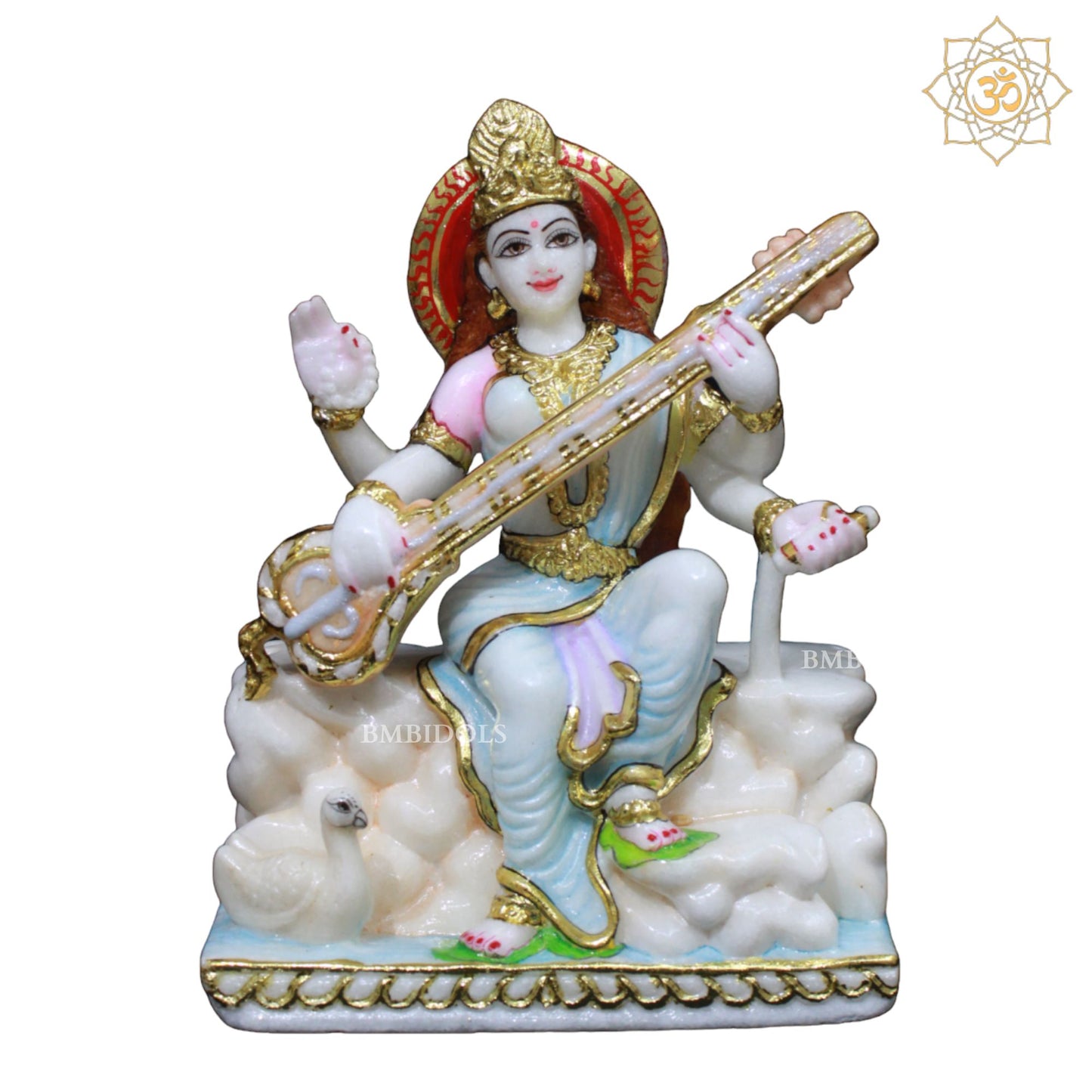 Saraswati Maa Marble Murti Sitting on the Rock with Veena in 9inch