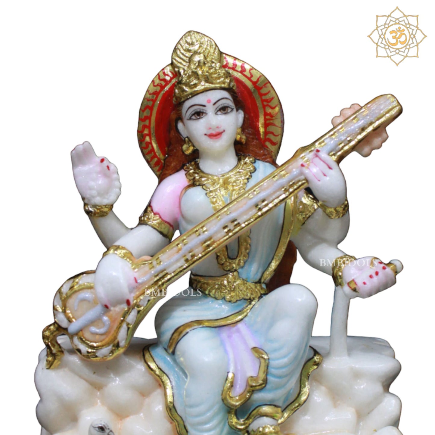 Saraswati Maa Marble Murti Sitting on the Rock with Veena in 9inch