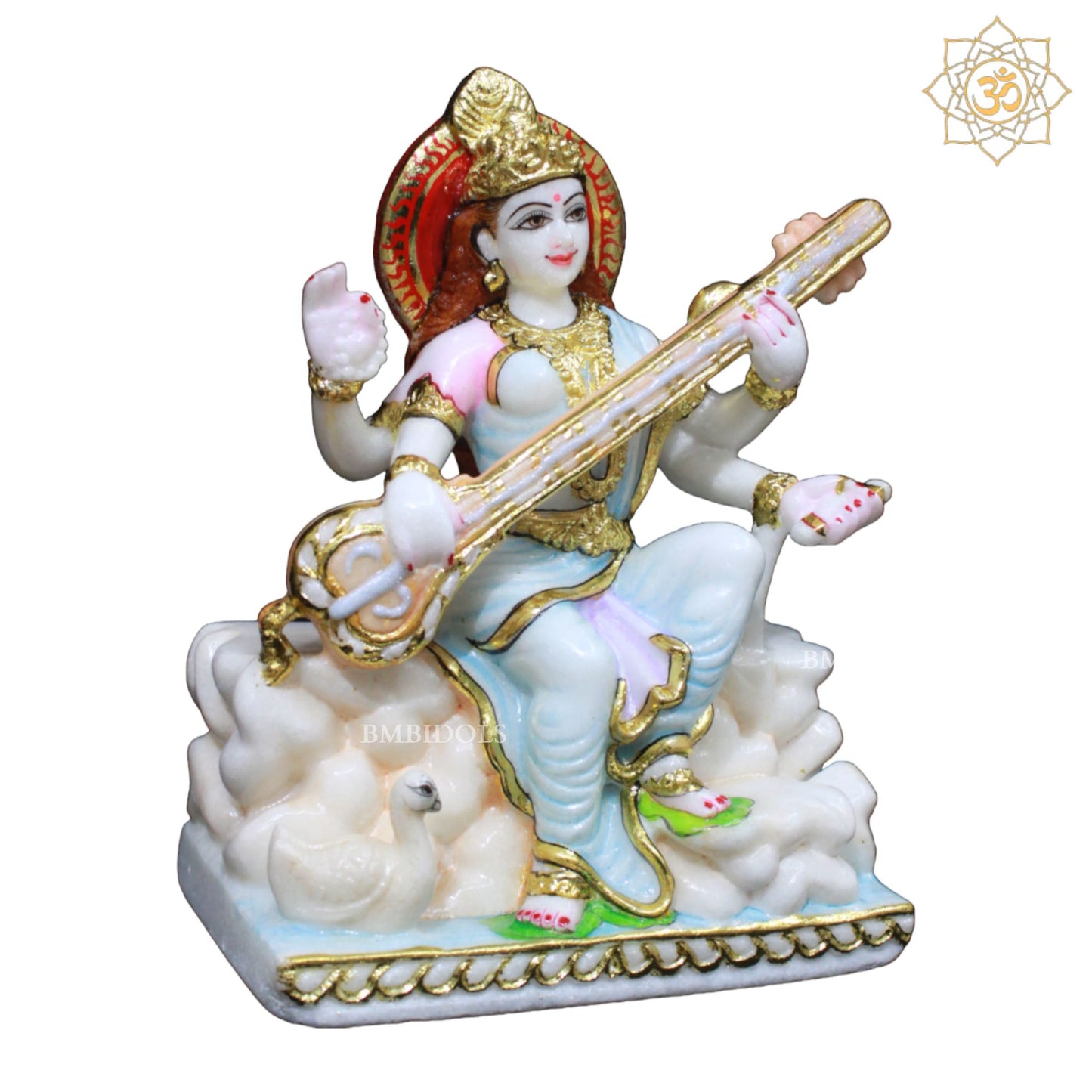 Saraswati Maa Marble Murti Sitting on the Rock with Veena in 9inch