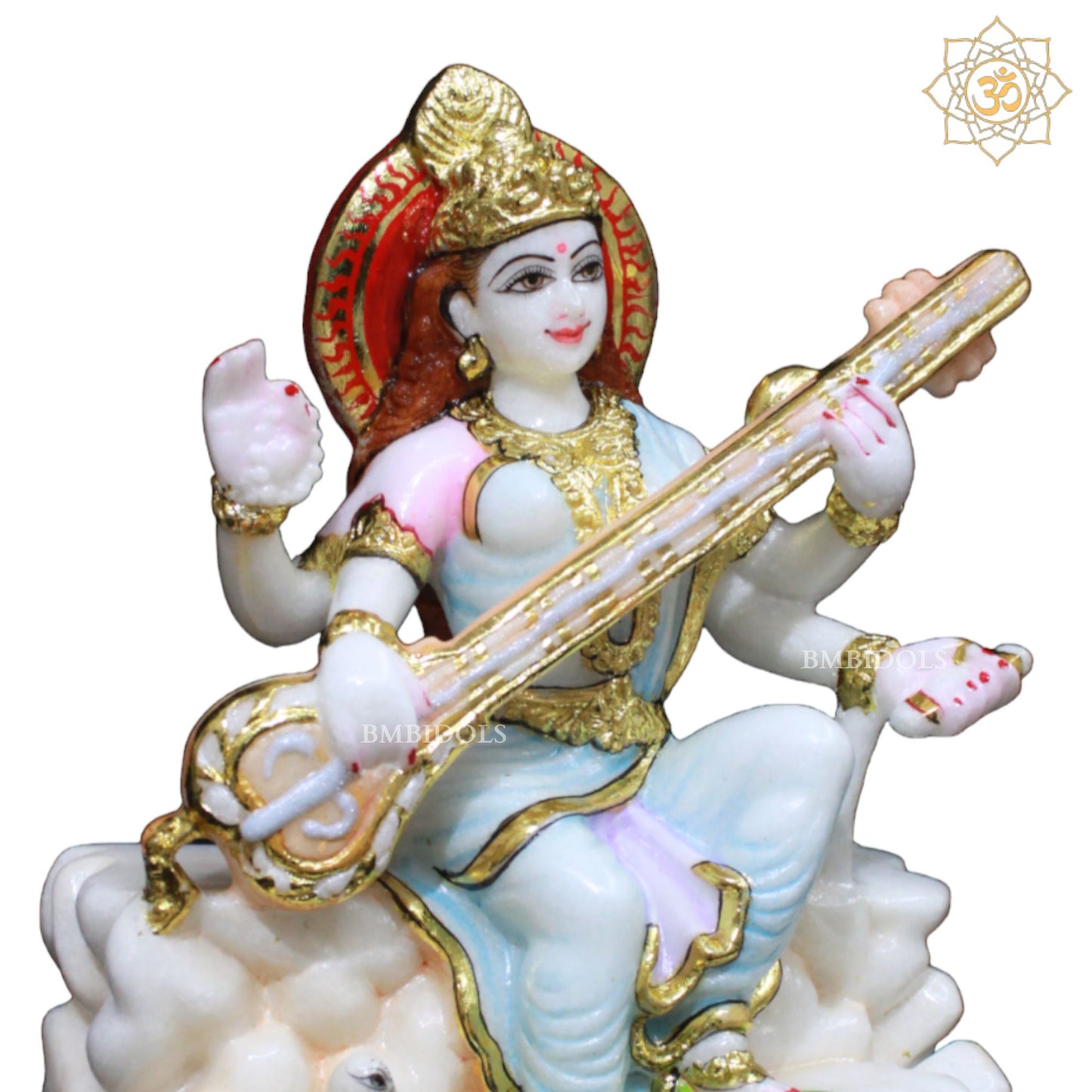 Saraswati Maa Marble Murti Sitting on the Rock with Veena in 9inch