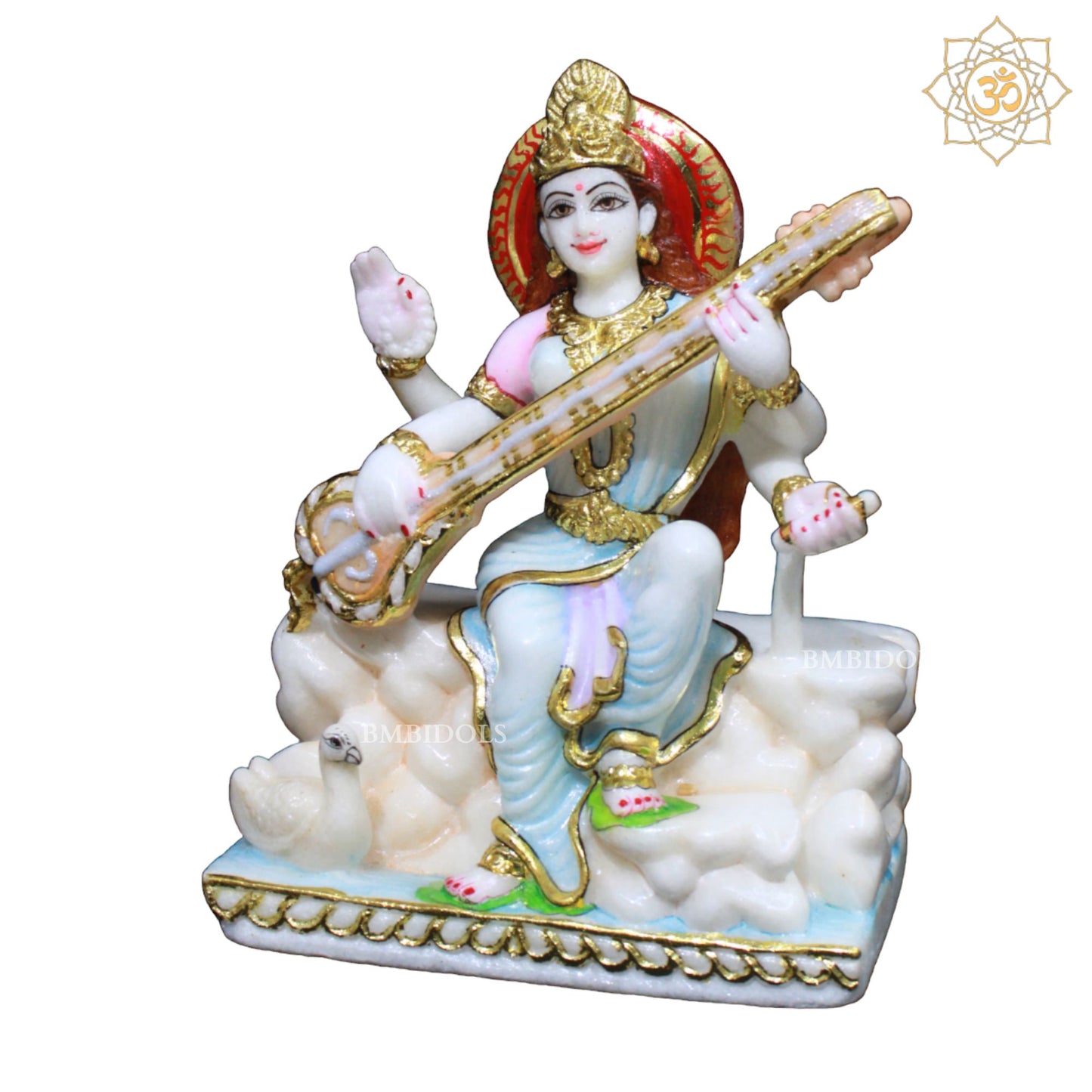 Saraswati Maa Marble Murti Sitting on the Rock with Veena in 9inch