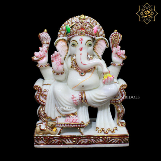 White Marble Ganesh Murti in 12inch with Full Goldwork
