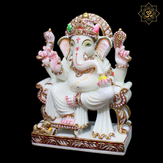 White Marble Ganesh Murti in 12inch with Full Goldwork