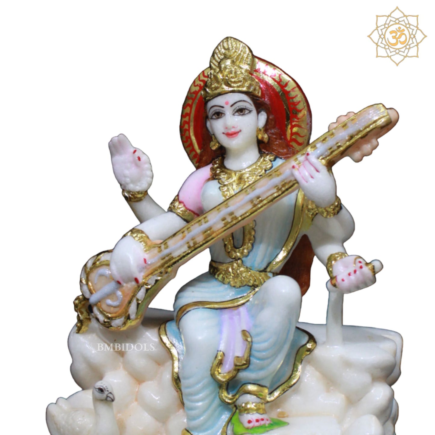 Saraswati Maa Marble Murti Sitting on the Rock with Veena in 9inch