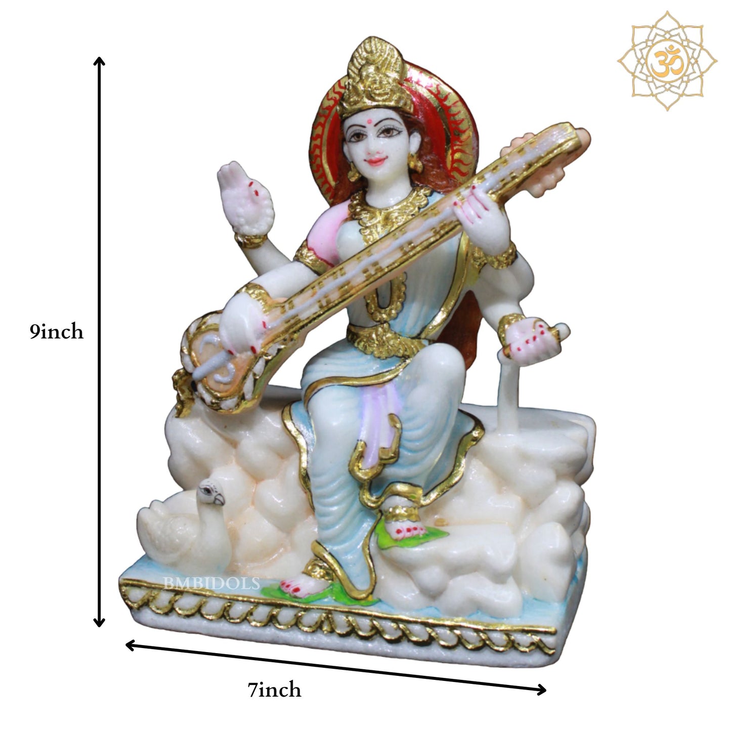 Saraswati Maa Marble Murti Sitting on the Rock with Veena in 9inch