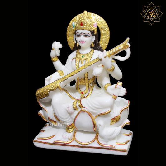 White Marble Saraswati Maa Murti in 12inches for Homes and Temples
