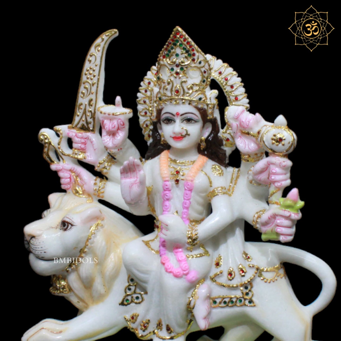 White Marble Durga Mata Murti designed in 12inches for Homes and Temples