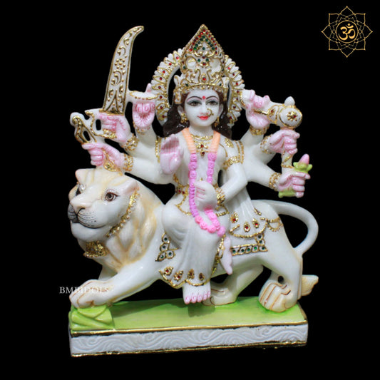 White Marble Durga Mata Murti designed in 12inches for Homes and Temples