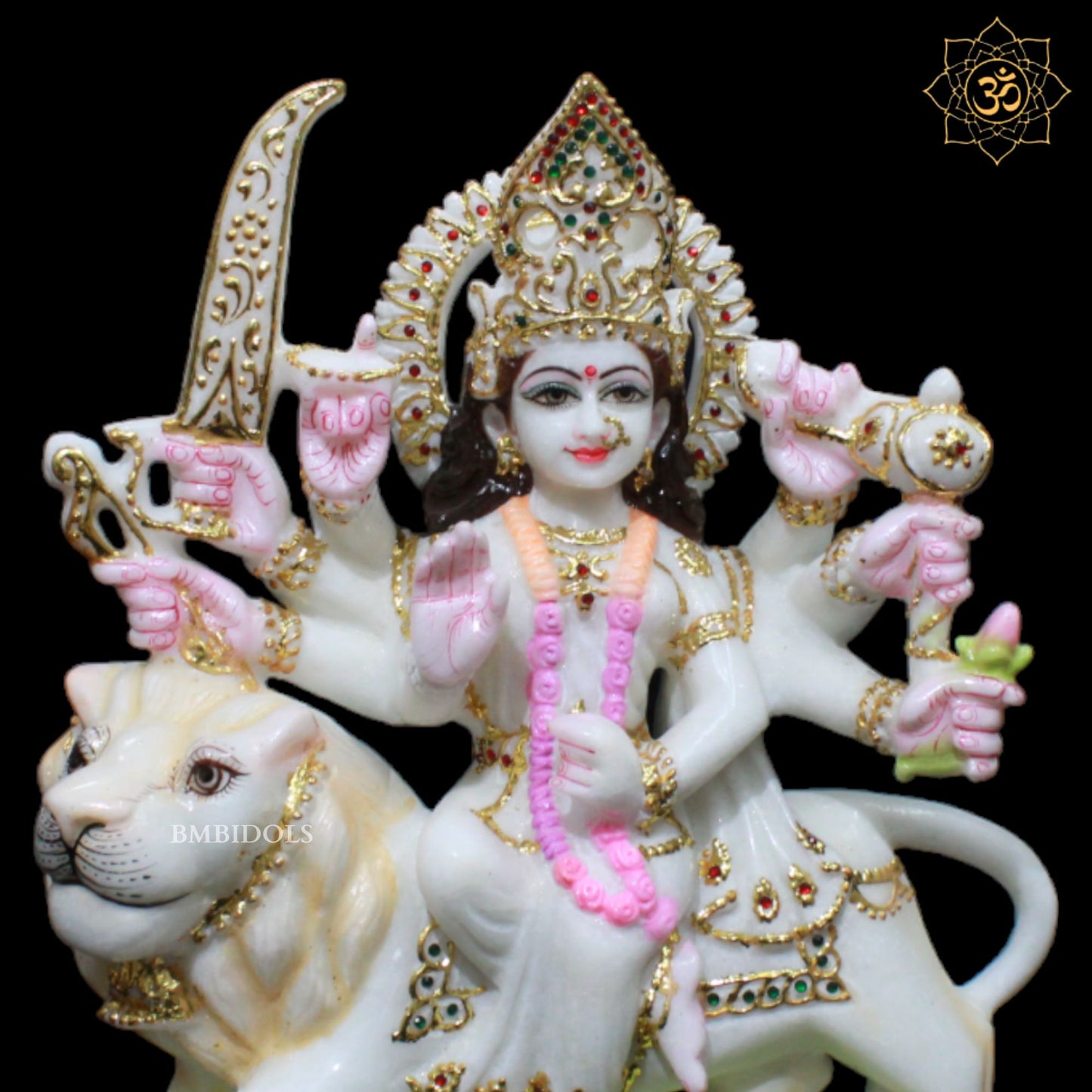 White Marble Durga Mata Murti designed in 12inches for Homes and Temples