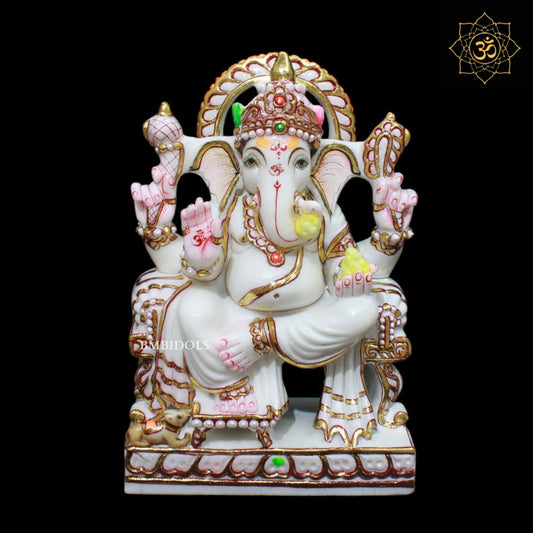 Gold Work Marble Ganesh Murti sitting on Chowki in 12inch