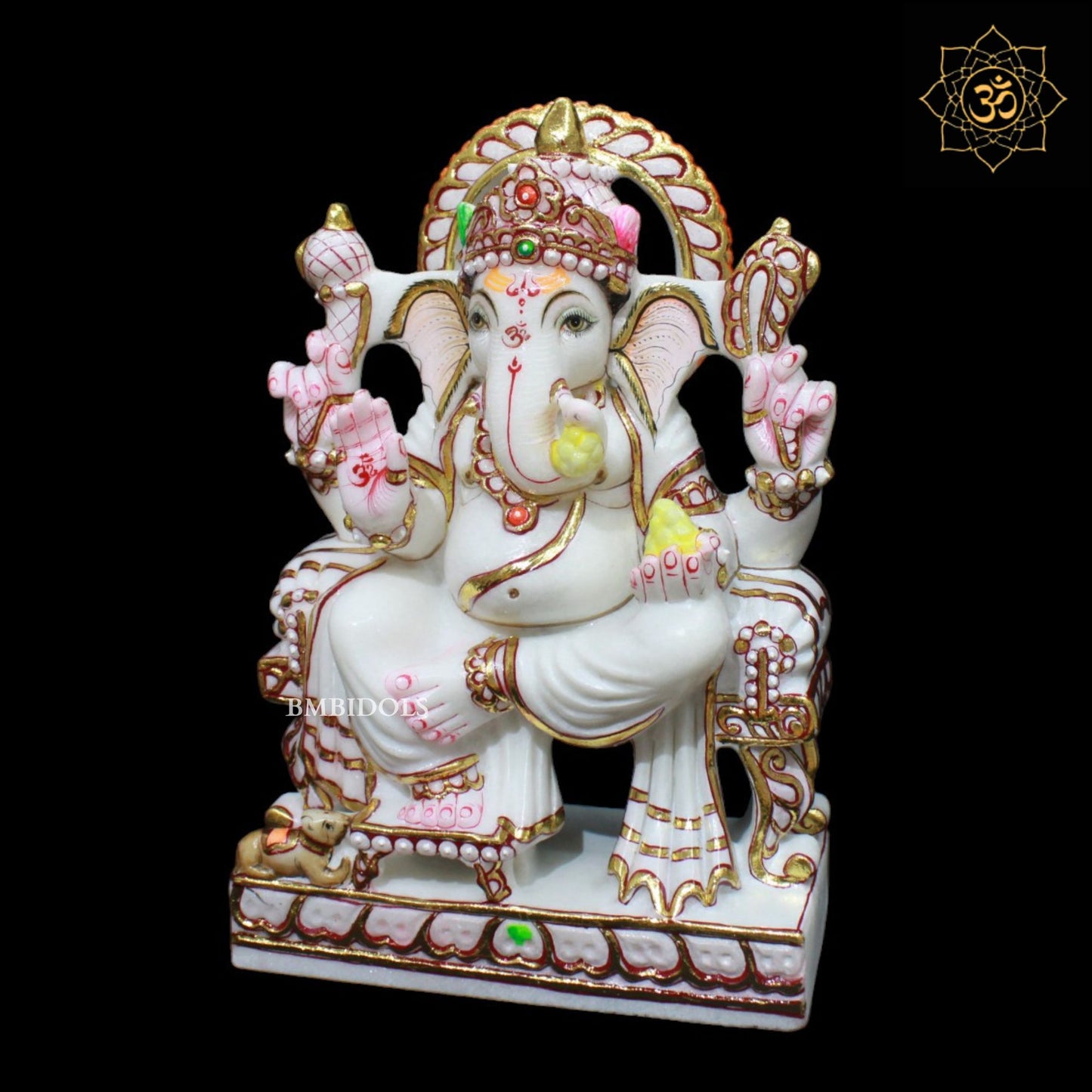 Gold Work Marble Ganesh Murti sitting on Chowki in 12inch