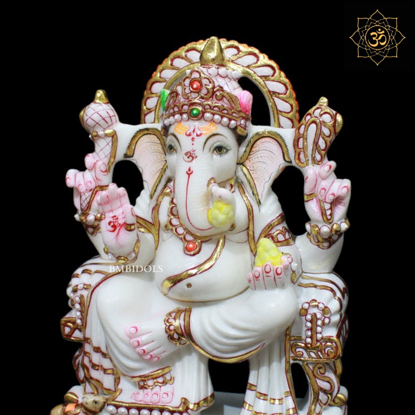 Gold Work Marble Ganesh Murti sitting on Chowki in 12inch