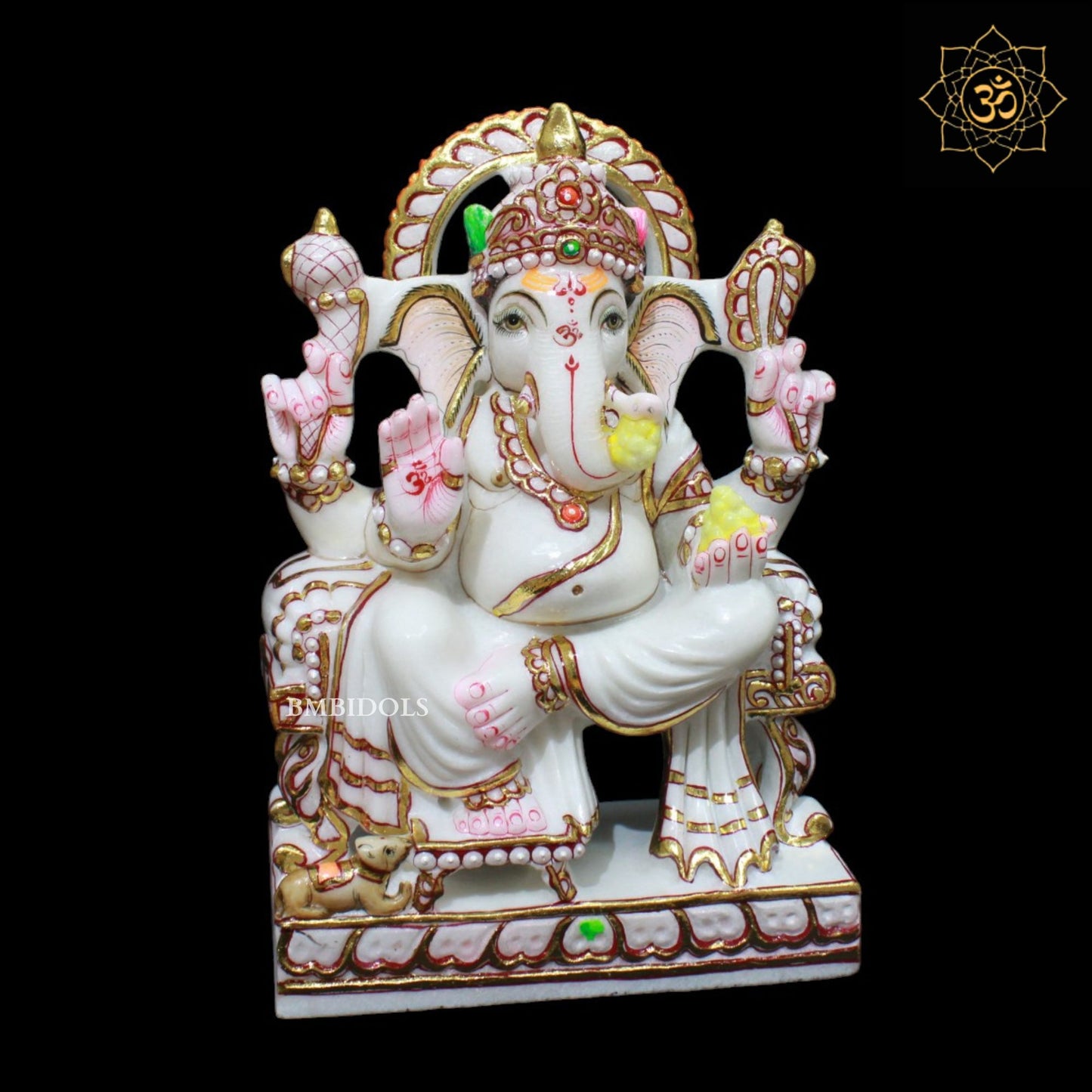 Gold Work Marble Ganesh Murti sitting on Chowki in 12inch