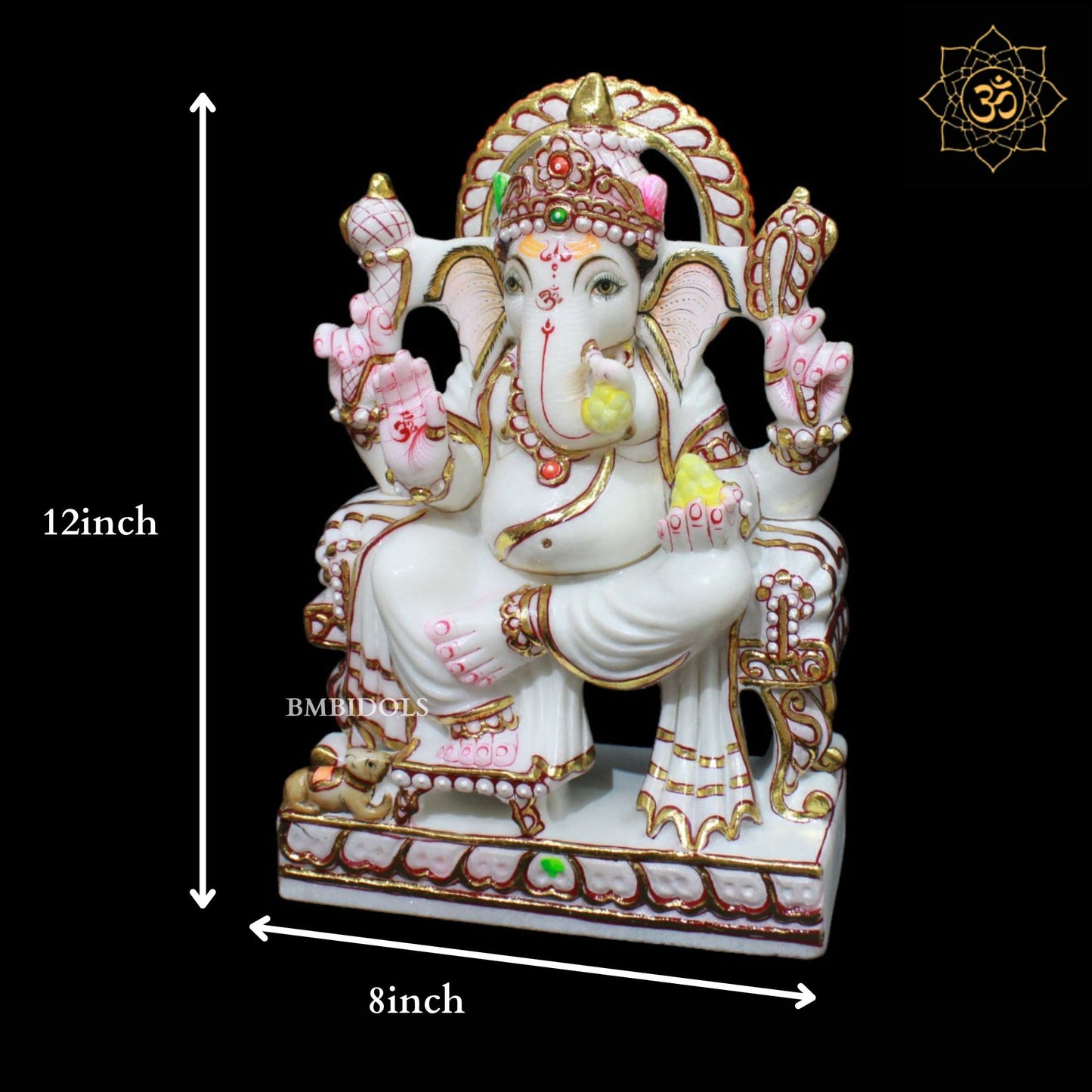 Gold Work Marble Ganesh Murti sitting on Chowki in 12inch