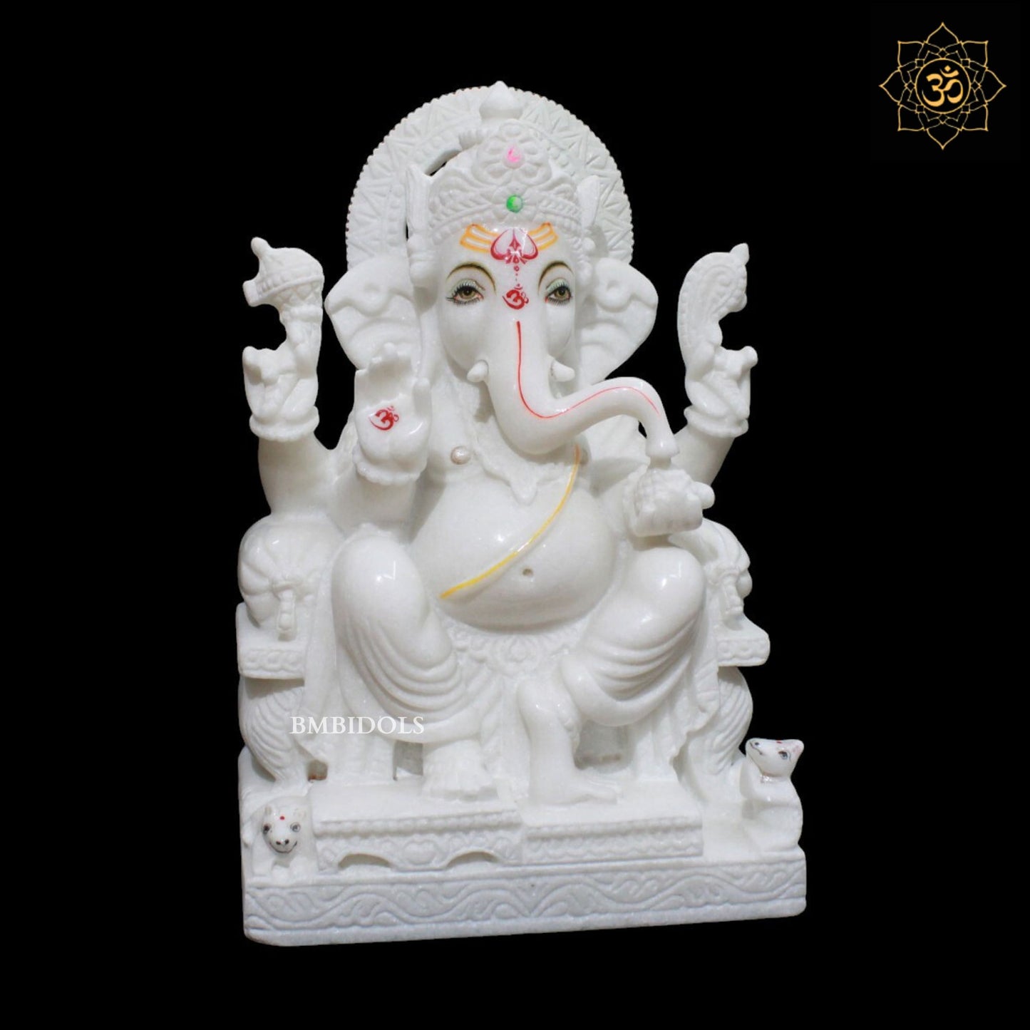 White Marble Ganesh Murti sitting on the Chowki in 15inch